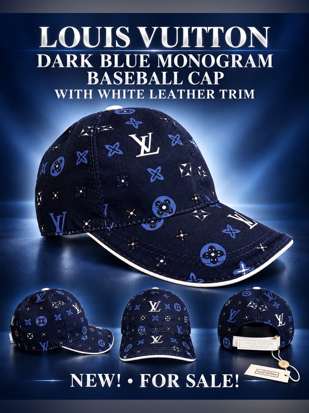 Louis Vuitton Dark Blue Monogram Baseball Cap w/ White Leather Trim🔥New!